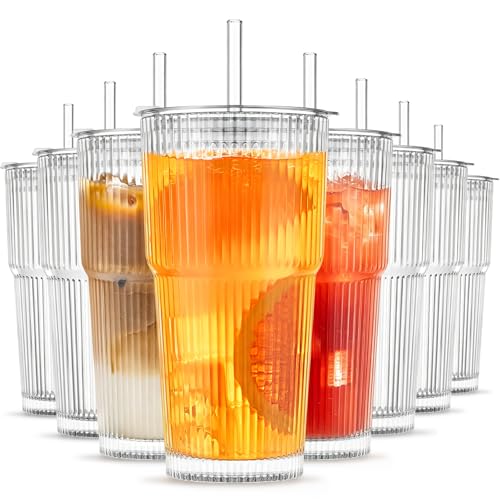 Image of INSETLAN 8-Piece Glassware Set - 20 oz Ribbed Glass Tumblers with Lids and Glass Straws, Heavy-Duty Tumblers, Ideal for Iced Coffee, Smoothies, Cocktails, and Juices - Elegant and Durable Drinkware