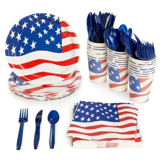Juvale 144 Piece Patriotic Party Supplies - American Flag Plates, Napkins, Cups, Cutlery for 4th of July, Memorial Day Decorations (Serves 24)
