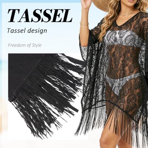 Image of SANNIDHI Women's Lace Beach Cover Up Embroidered Swimsuit Coverups Full Sleeve Boho Sheer Bathing Suit Swim Dress for Poolside, Seaside and Party