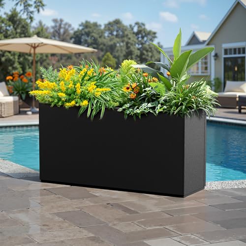 TUYOHW Metal Planter Box Outdoor Rectangular Planter, Large Planters for Outdoor Plants with Drainage Holes, All-Weather Use, 32''L×10''W×16.3''H, Black
