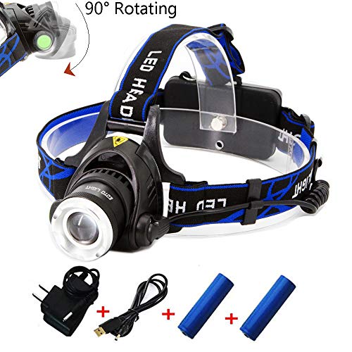 Rechargeable Headlamp, 1800 Lumens Zoomable Waterproof LED head lamp flshlight, Hands-free Headlight Torch