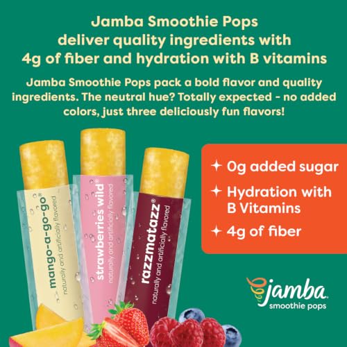 Image of Jamba Smoothie Pops Variety Pack, 16 Count - 100% Fruit Juice Freezer Pops, No Added Sugar, or Colors, 4g Fiber per Serving - Mango-a-go-go, Razzmatazz & Strawberries Wild