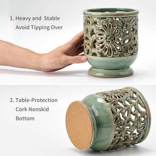 Farmhouse-Kitchen-Utensil-Holder-for-Countertop-Ceramic-Large-Cooking-Utensil-Crock-with-Cork-Mat-Decorative-Rustic-Utensil-Holder-for-Kitchen-Counter-Hollow-Carving-Flower-Blue