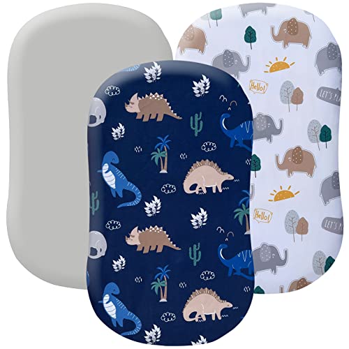 Image of JAROSY Ultra Soft Baby Bassinet Sheets 3 Pack, Silky Skin-Friendly Cradle Sheets for Boys, 5'' Deep Pocket Fit Various Shaped Cradle and Bassinet Mattress, Dinosuars & Elephant & Grey