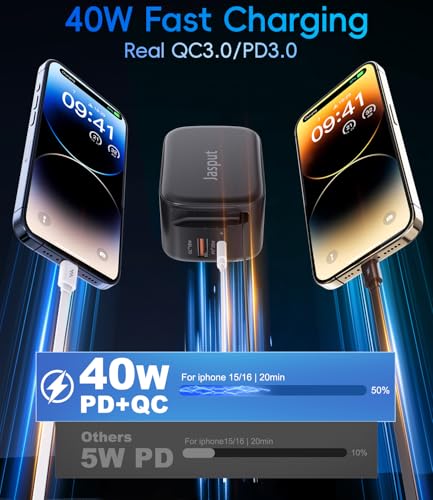 Image of 40W Retractable Wall Charger, 3 in 1 Retractable Phone Charger Wall Plug with Dual USB Ports,Fast USB C Chargers Block for iPhone 17 16 15 14,Galaxy S23 22,LG,Pixel