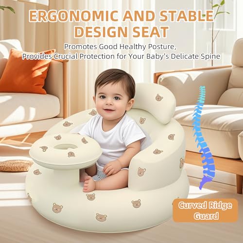 Image of Inflatable Baby Seat with Tray, Blow up Infant Chair for Babies 3 Months and up, Comfortable Baby Floor Seats for Sitting Up, Built in Air Pump with Back Support Toddler Waterproof Sofa (Bear)