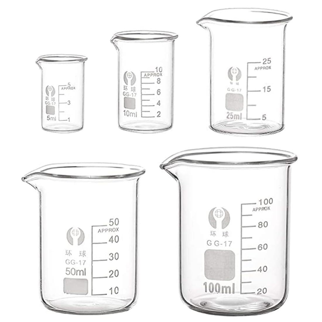 Set di Becher in Vetro Borosilicato Graduato, 5ml 10ml 25ml 50ml 100ml, Resistente al Calore per Laboratorio