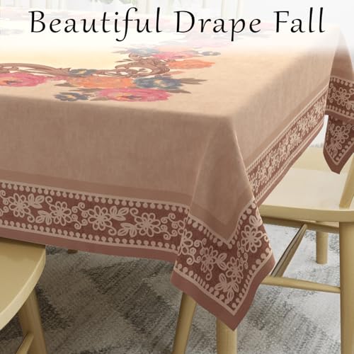 Image of Cloth Fusion Velvet Floral Dining Table Cloth 6 Seater, Dining Table Cover with Elegant Floral Pattern for Dining Room (60x90 Inch, Peach)