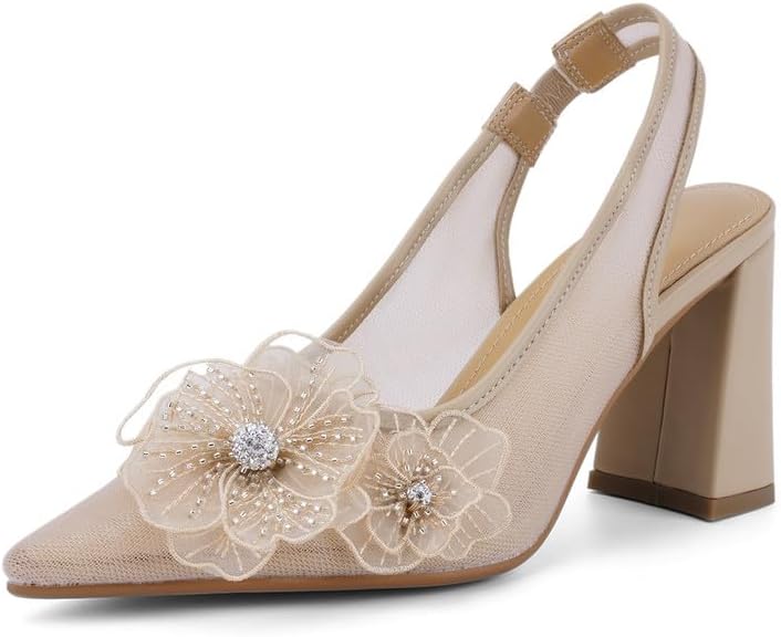 Lace Bridal Shoes Slingback Pointed Toe Block Heel Pumps for Women | Breathable mesh lining, floral lace pattern, comfortable block heel. Perfect for weddings, parties, and everyday chic.
