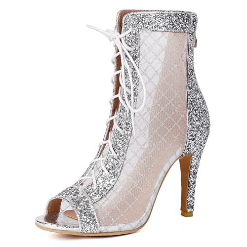 Image of Women's Lace Up Dance Heels Open Toe Mesh Sparkling Sequin Booties Peep Toe Stiletto High Heel Dance Shoes