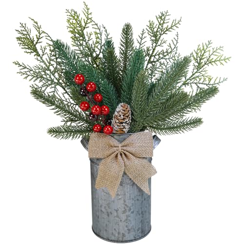 Winlyn 15"H Farmhouse Christmas Centerpiece Rustic Metal Milk Can Artificial Christmas Floral Arrangement with Pine Needle Cedar Red Berry Snowy Pinecone for Country Home Kitchen Holiday Mantel Table