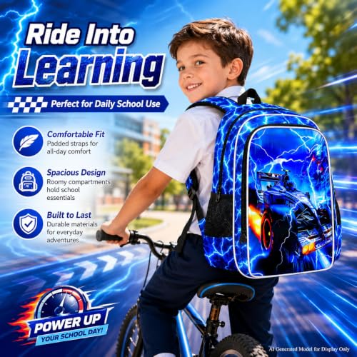 Image of 17 inch Cars Backpack for Boy, 3Pcs Lightning Bookbag for Elementary Preschool Kindergarten, Kids School Backpacks with Lunch Box (Blue)