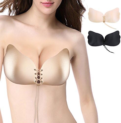 (New Version)Adhesive Bra,Womens Rope Adjustable Strapless Self Adhesive Invisible Push Up Silicone Bras with Drawstring,Nude,Cup C