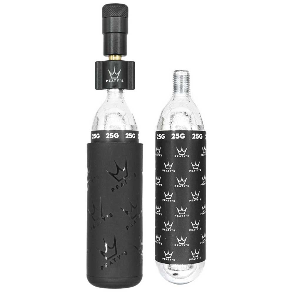 Peaty's Holeshot CO2-Reifenfüller-Set, 16 g, einzigartiges, kompaktes Design für maximalen Luftstrom und schnelles Aufpumpen, 2 x 16 g CO2 & Frostschutzhülle, Rennrad & Kiesrad (16 g), Schwarz
