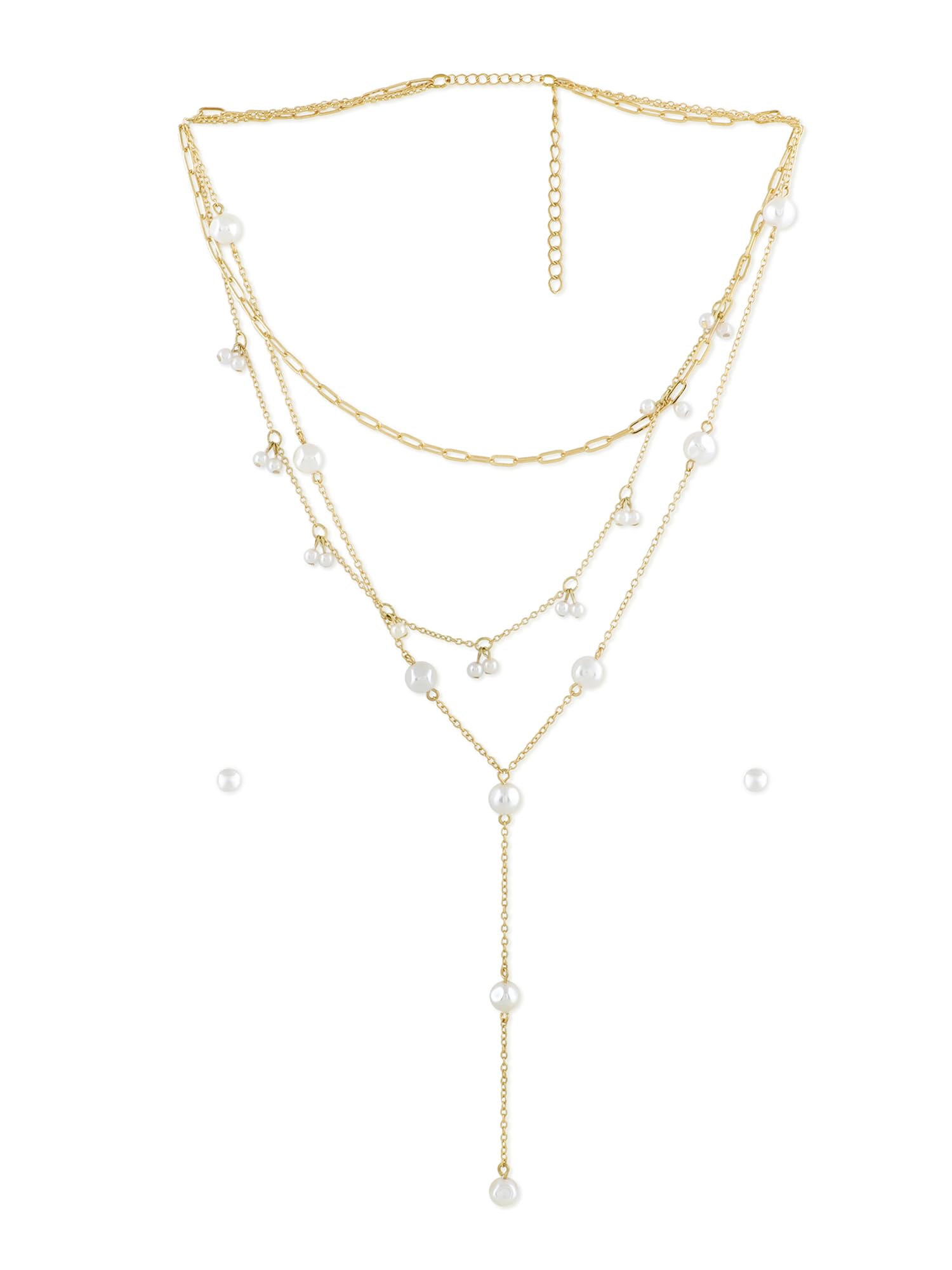 ZAVERI PEARLS Gold Tone Contemporary 3 Layers Lariat Pearls Necklace & Stud Earring Set For Women-ZPFK17696 (B0CXTKYXSQ) Amazon Price History, Amazon Price Tracker