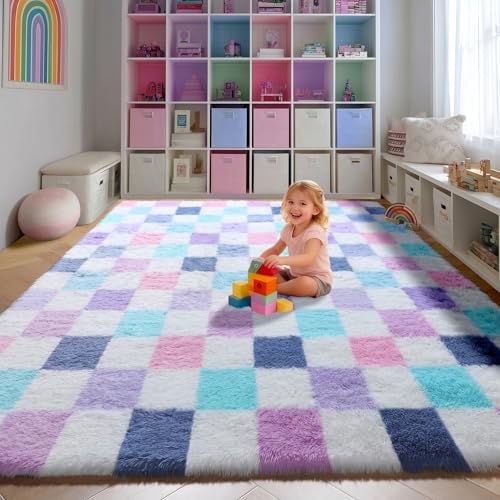 Image of KICMOR Purple Rainbow Checkered Rugs for Living Room, Fluffy Soft 8x10 Area Rugs Colorful Fuzzy Shag Shaggy Bedroom Carpet, Cute Indoor Plush Rug for Kids Girls Dorm Nursery Home Decor Aesthetic