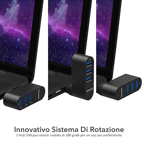 Hub USB, Multipresa USB 3.2 Gen 1, Sdoppiatore USB girevole, 3 Porte USB 3.2 Gen1, per PS4/PS5, laptop, PC, stampante, chiavetta USB, MacBook, rotazione di 90/180°, alluminio, NERO, (HB-R3MB) - Hub USB - Immagine 3