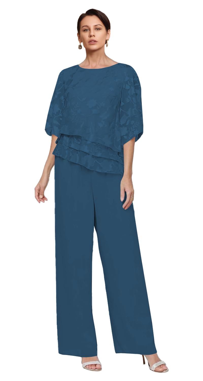 Mother of The Bride Pantsuits for Women Scoop Neck Chiffon Grandmother of The Bride Pantsuit with Sleeves