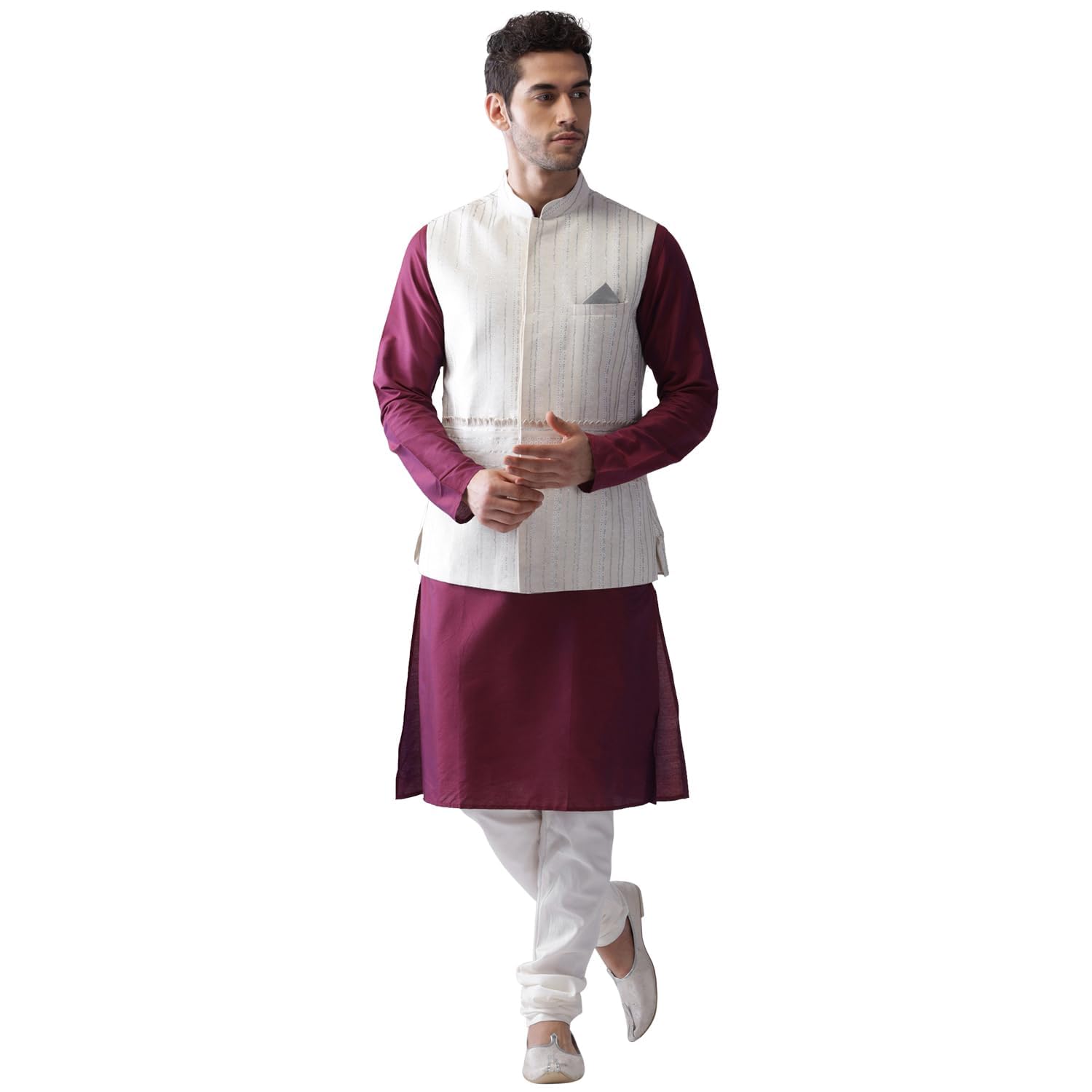 kisah Men White Maroon Regular Kurta with Pyjamas Jacket, Full Sleaves, Knee Length, Straight, Regular Fit, Mandarin Collar Ethnic wear-picture-8