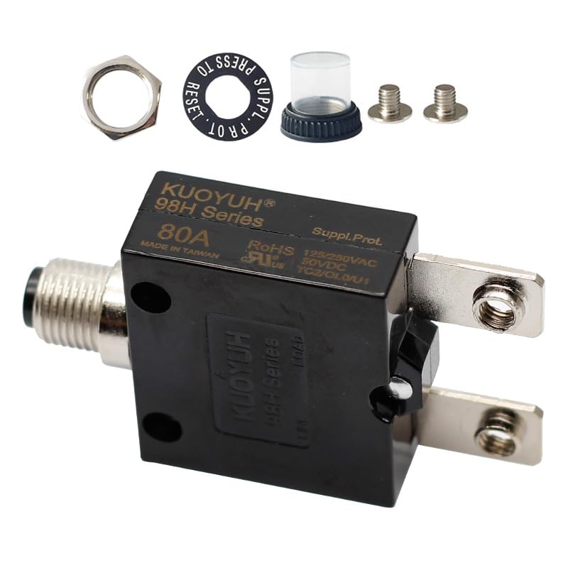 98H Series 50 Amp Electric Button Breaker 125/250V AC 50V DC, Circuit Breaker Thermal Overload Protector 98 Series with Quick Connect Terminals, Manual Reset, Waterproof Button Cap, 98H-50A