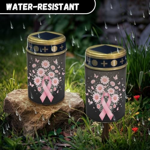 Image of Poceacles Solar Lights Outdoor Grave Candle for Cemetery Decoration Solar Outdoor Lights for Garden Lawn Backyard Pathway Decor, Pink Ribbon Daisy Butterfly Black, Set of 4
