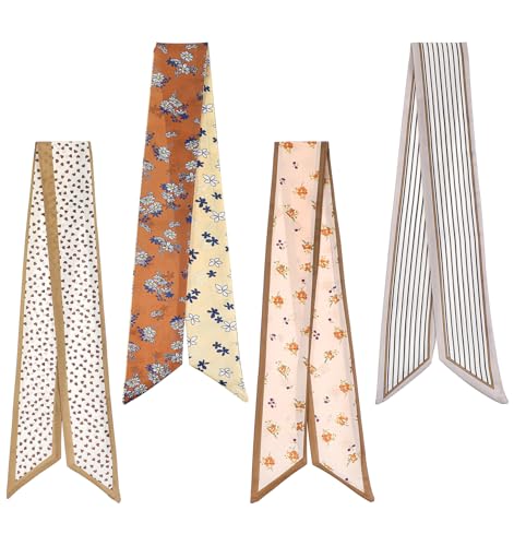 4Pcs Brown Headband Scarf for Women, Brown Satin Boho Scarves, Multifunctional as Headbands Hair Accessories Bag Handles for Women