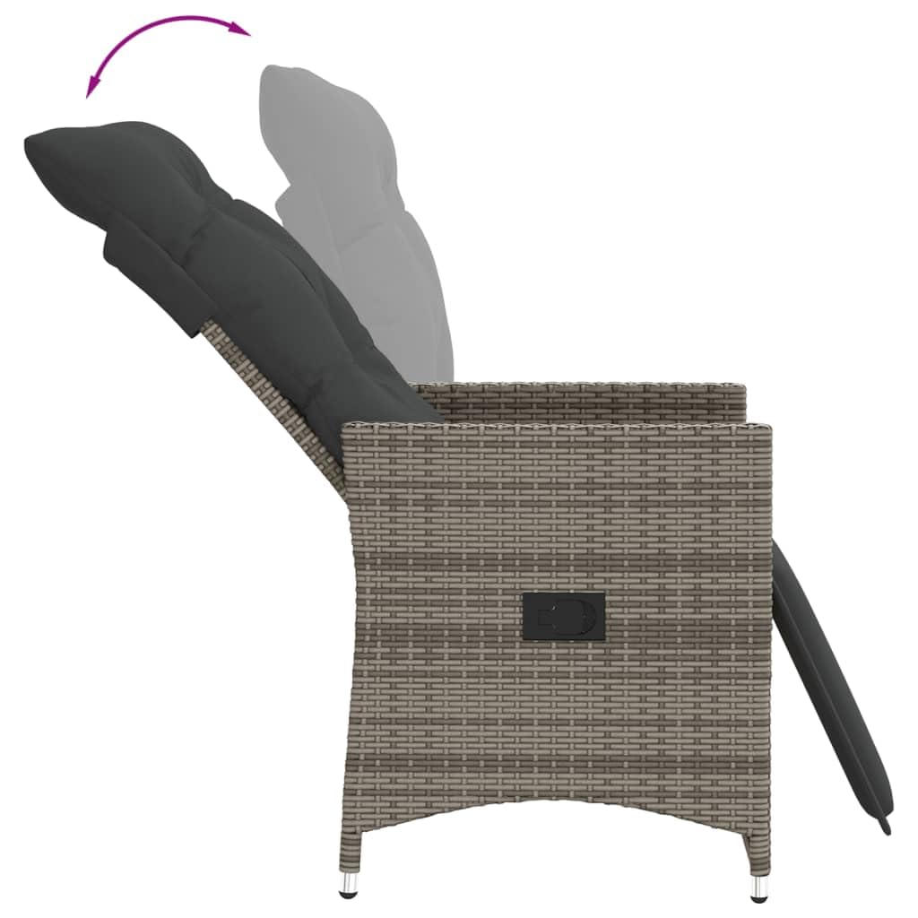 Poltrona da giardino regolabile con cuscino, 2 pezzi, grigio polyrattan, in rattan sintetico, per esterni, con schienale e poggiapiedi regolabili, rivestimenti lavabili rimovibili,