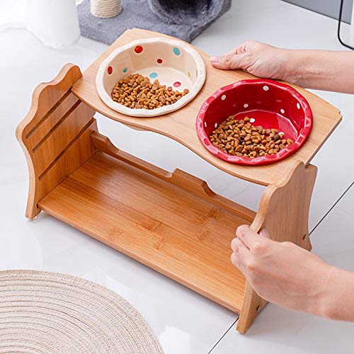 Miski dla psów urocze zwierzęta podwójna miska karma dla psa kota karma podniesiona ceramiczna miska naczynie drewniany stół artykuły dla zwierząt miska na wodę dla psa (kolor: Różowy)