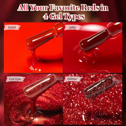 Image of Beetles Red Gel Nail Polish Set, Jelly Glitter Cat Eye Solid Color | 20 Colors Shimmer Magnetic Nail Gel Kit with Base Coat Top Coat Matte Top Coat, LED UV Light Cure Soak Off Nail Art Manicure