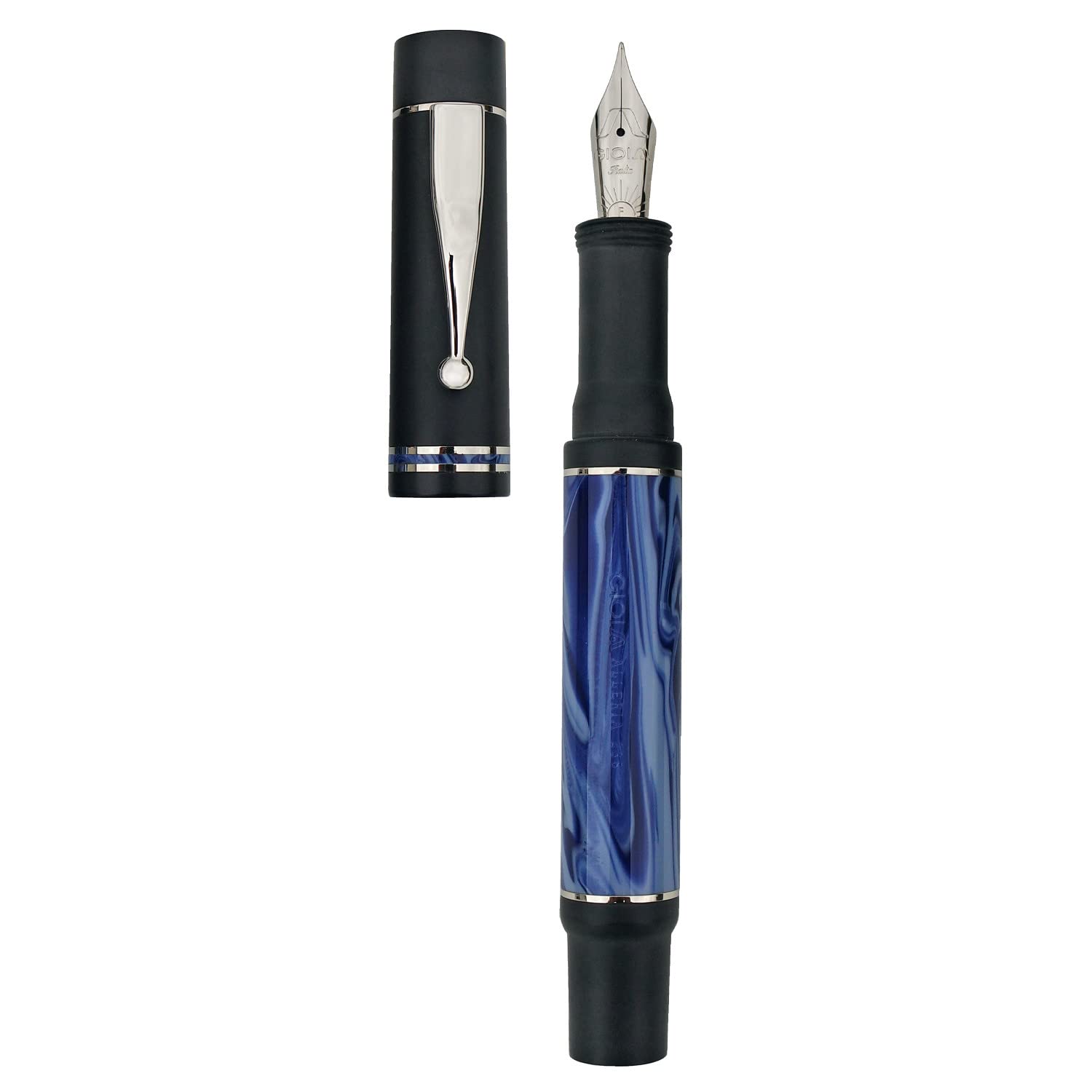 GIOIA Alleria Mare Fountain Ink Pen Blue-Black Resin Barrel & Cap with Rhodium Plated Fine Nib and Trims Piston Ink Filling System - Does Not Support Cartridge/Converter
