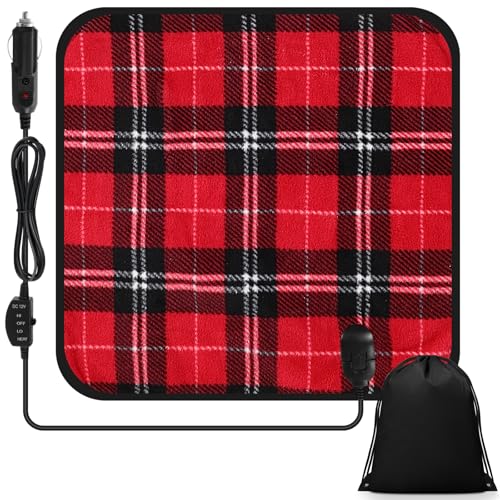 Tuanse 16 x 16 Inches Car Electric Blanket 12 Volt Heated Car Blanket with Temperature Controller and Black Storage Bag Cold Weather Tailgating and Emergency Kit(Black Red White,Plaid)