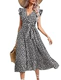 KOJOOIN Damen Sommerkleid Kurzarm Maxikleid Lange Wickelkleid Volant Kleid Rüschen Strandkleid V-Ausschnitt Elegante Blumenkleid mit Gürtel (Verpackung MEHRWEG), A-Blumen-Schwarz, S