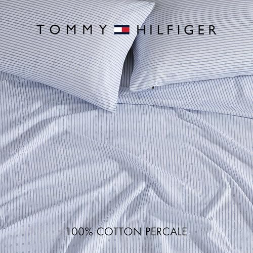 Image of Tommy Hilfiger - Queen Size Sheet Set, Cool & Crisp Cotton Percale Bedding with Fitted Sheet & Pillowcases, Lightweight Bed Sheets, Deep Pocket, College Dorm Room Essentials (Monogram Stripe Blue)