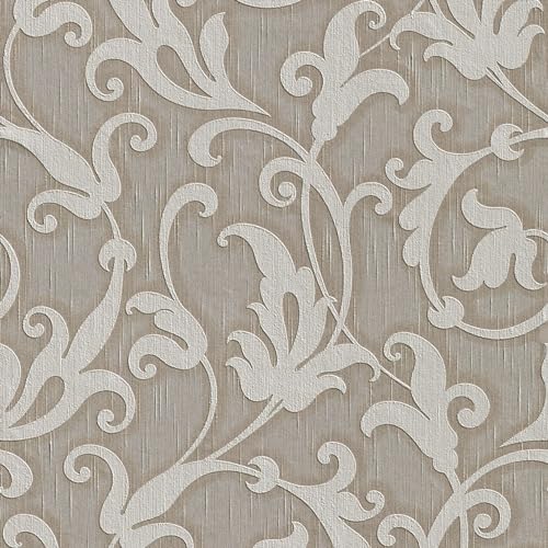 Papier peint textile isolant visuel Baroque gris brun Profhome pour masquer défauts