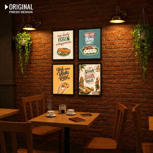 Image of Chaka Chaundh - Restaurant wall decoration items - Cafe quotes wall frames - Idli walls frame - Food wall frame art - Dosa wall frame poster, Medu vada wall frame, . South indian food frame poster wall art. ( 14X11 inch. Set OF 4 )