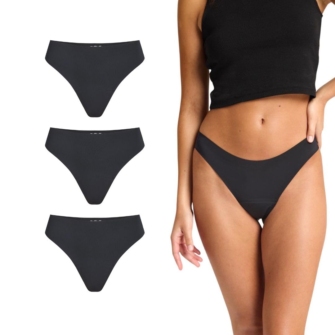 Modibodi Period Underwear Women Seamfree Thong 3 Pack Light Absorbency 20ml Leakproof Invisible No VPL Reusable Period Pants Comfortable Fit Black - 10/S