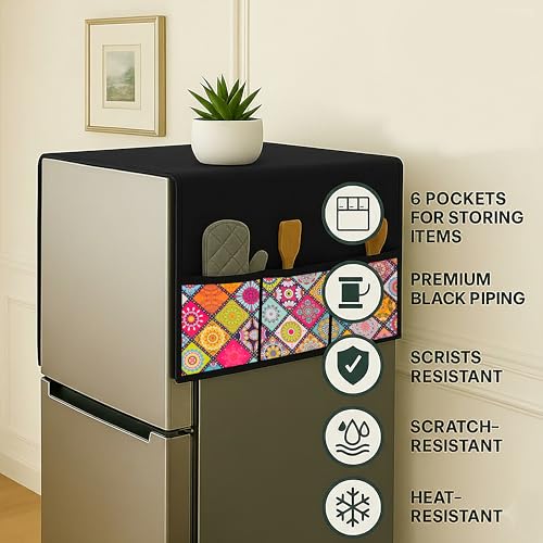 Image of Refrigerator Single Door Waterproof, Dustproof, Refrigerator Top Cover, Protective Cover for Fridges with Extra Storage Space Nylon Top cover with 6 Storage Pockets ( Multi, 130 x 54 cm )