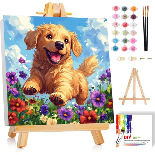 Viart Dog Paint by Numbers for Children with Frame Easy Paint by Number for Kids Ages 4-8-12 Dog Painting by Numbers for Kids Perfect for Gift Home Wall Decor(8x8 inch)