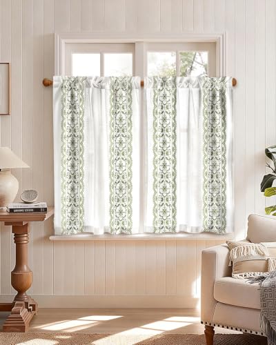 Image of Miss Adola Boho Kitchen Curtains - 36 Inch Length Linen Blend Green Floral Cafe Curtains Farmhouse Tier Curtain Short Drapes Rod Pocket for Bathroom Living Room Windows Light Filtering, 2 Panels