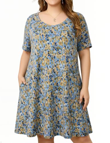 Image of OVERWORETY Womens Short Sleeve Plus Size T-Shirt Dress V Neck Casual Loose Swing A-Line Summer Tunic Dresses with Pockets
