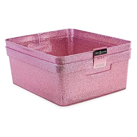 Isaac Jacobs Medium Glitter Storage Bin (14” x 11.5” x 5.5”) Set w/Cut-Out Handles, Plastic Organizer, Multi-Functional, Home Storage Solution, Kids Playroom, Bedroom, Closet (2, Pink) Cover