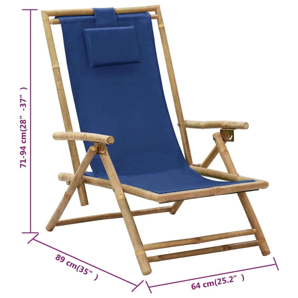 Makastle Fauteuil de Jardin Pliable avec Accoudoirs et Dossier inclinable, Chaise Longue de Jardin Pliante, Relaxation Chaise de Camping Chaise de Plage, 64 x 89 x 71 cm Bleu Marine Bambou et Tissu