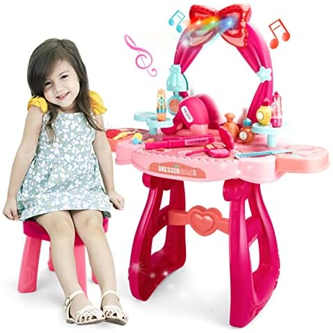 UNIH Toddler Vanity Toys for 2 3 4 5 Year Old Girls Kids Vanity Set with Mirror Chair Pretend Play Princess Toy Makeup Table for Little Girls Cover