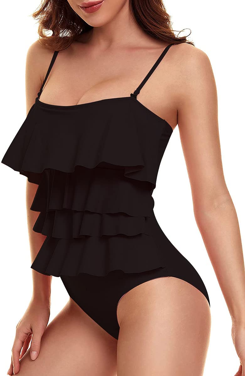 JFAN Bañadores Mujer con Volantes Traje de baño de Una Pieza Push Up Bikini Deportivo en Capas Control del Vientre