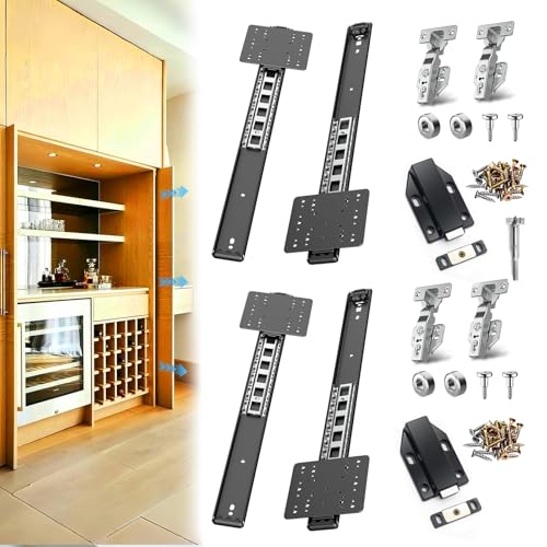 Image of 16 Inch Pocket Door Slides for Cabinets 2Set -Heavy Duty Hidden Hinge Hardware Kit for Inset Doors,Furniture,Vanity & Garage -Smooth Sliding Retractable Rail System with Rebounder for DIYers