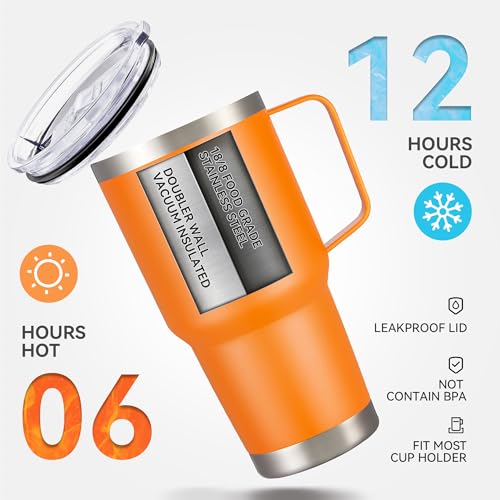 Image of 30 oz Stainless Steel Tumblers Bulk with Handle and Lid, 4 Pack | Powder Coated, Double Wall Vacuum Insulated, Leak Proof Lid, Keep Drinks Cold and Hot, for office, party, camping, Orange