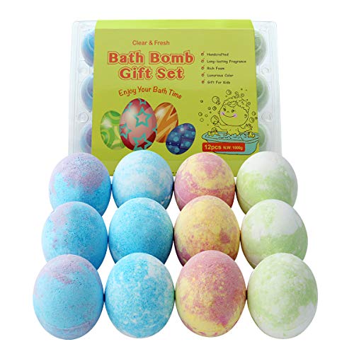 Organic Bath Bombs Gift Set with 12 Packs Natural Bath Bombs, Funny Egg Shape Bath Bombs for Kids with Rich Foam, Handmade Bath Bombs Gift Set for Birthday , Mother's Day and for Kids