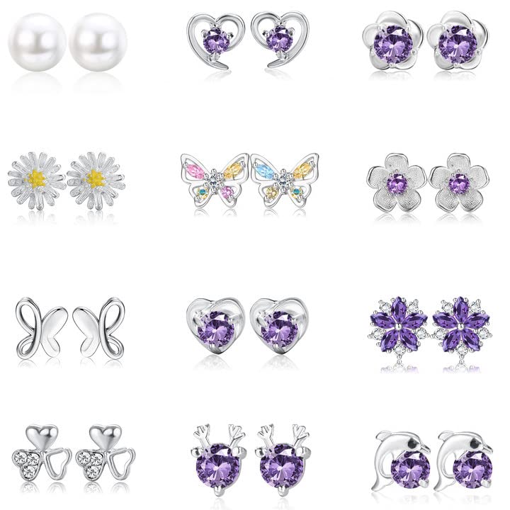 JeweBella12 Pares Pequenos Pendientes para Mujeres Niñas Plata de Ley 925 Aguja Hipoalergeniños Pendientes Flor Mariposa Circón Juego de Pendientes Cartílago Joyas Regalos Rosa/Morado/Blanco