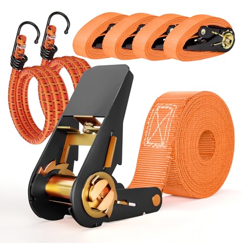 4 Pièces Sangle a Cliquet 4 m, Sangles D'arrimage 1000 kg, 2 Pièces Sangle Moto avec Crochet, aux Voitures, Chariots, Motos, Bagages, Camping, Charges Fixes