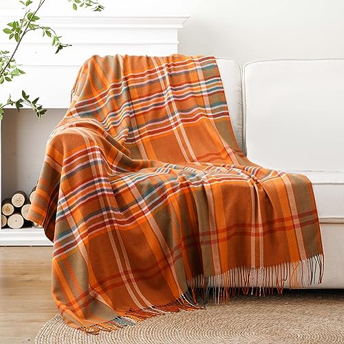 Orange Plaid Throw Blanket for Couch, Fall Throw...